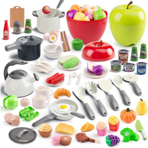100Pcs Kitchen Playset, Kids Pretend Cooking Play Pots, Pans, Utensils, Cookware, Toy Food Fruits Veggies, with 2 Large Apple - Shaped Storage, Toddler Cooking Learning Gift (White)