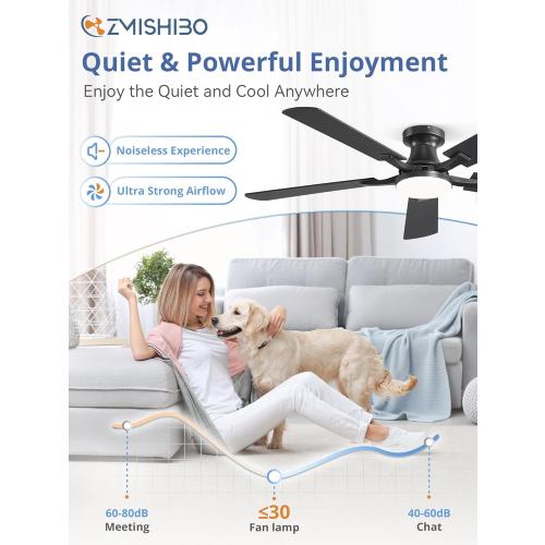 ZMISHIBO 52 Inch Ceiling Fan with Light, App&Remote Control, Flush Mount Low Profile, Dimmable 20W LED Light, Quiet Reversible Motor for Bedroom, Living Room, Apartment, Black