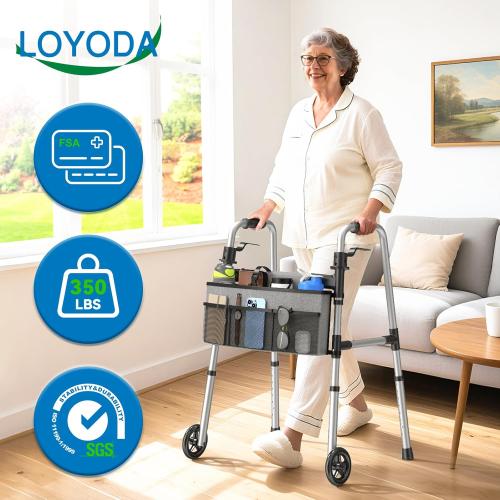 Folding Walker with Basket and Glide Skis, 5 Wheels Lightweight Walkers for Seniors and Adults, Supports Up to 350 Pounds, Adjustable Height, Compact Standard Walker