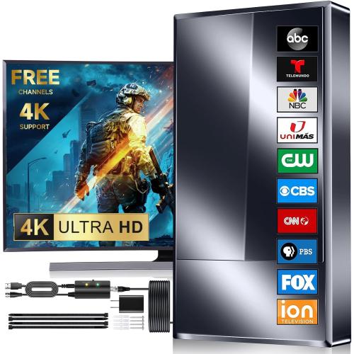 TV Antenna Indoor, Outdoor Long Ranges, Digital Antenna for Smart TV, Best Amplifier Signal Booster Support 8K 4K 1080p All TVs VHF UHF - 50FT Cable/AC Adapter