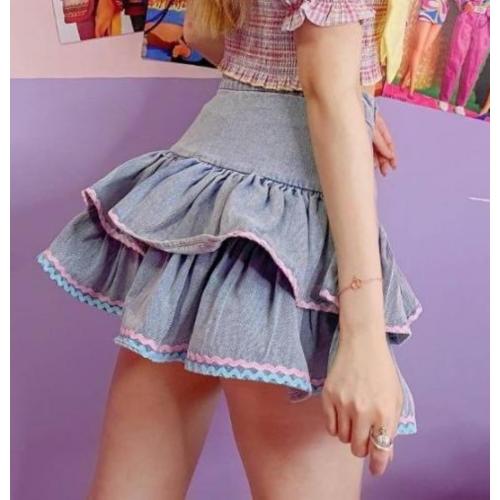 Pokn Cute Sweet Lolita Mini Skirt Bow Cake Skirt High Waist Kawaii Vintage Layered Lace Party A-line Mini Skirts