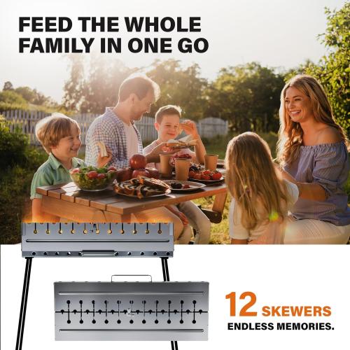 Stainless Steel Charcoal Grill for 12 Skewers – Portable BBQ 24.80×9.45×25.2 – Foldable Kabob Mangal – Heavy-Duty Rustproof Grill for Outdoor (Skewers Not Included)