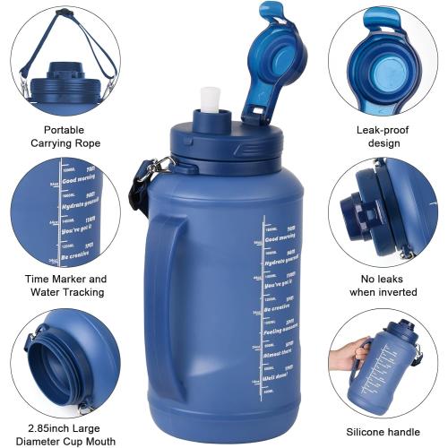 Collapsible Water Bottles, 2L/64OZ travel water bottle Bottle with Straw, Half Gallon Large Water Bottle for Travel Outdoor Sports Runing Fitness Yoga (Upgraded blue)