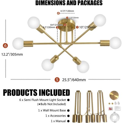 Gold Modern Sputnik Chandelier, 6 Light Flush Mount Ceiling Light Fixture, Mid Century Light Fixture Ceiling Mount for Kitchen Island Bedroom Dining Living Room Foyer UL Listed