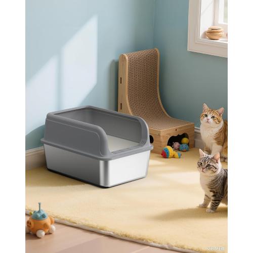 Powools Stainless Steel Cat Litter Box, High-Sided, Grey, XL | Metal Litter Box with Scoop, Anti-Leakage Top Entry, Non-Sticky, Easy to Clean, 6-Inch Splash-Proof Deep Pan