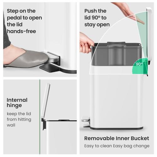 Cesun Bathroom Trash Can with Lid, 2.6 Gallon Small Bathroom Garbage Can Soft Close, Stainless Steel Waste Basket with Step Pedal for Bedroom, Laundry Room, Living Room, Home Office, Toilet, RV, White