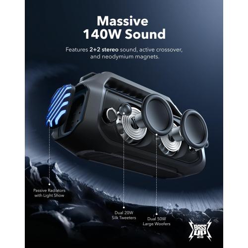 soundcore Boom 2 Plus By Anker, Outdoor Speaker, 140W, 2 2 Channel, BassUp 2.0, 20H Playtime, Fast Charge, IPX7 Waterproof, RGB Lights, Power Bank, Bluetooth 5.3, Portable for Outdoors, Camping, Beach