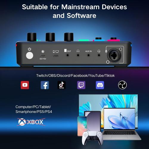 HOSONGIN Gaming Audio Mixer, Audio Interface with Pro-preamp, Voice Changer & DJ Mixer Effects, 48V Phantom Power, Bluetooth & RGB Live Sound Card for Streaming, Podcasting, Gaming