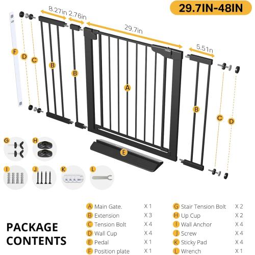 Cumbor 29.7-48 Baby Gate for Stairs, Mom's Choice Awards Winner-Dog Gate for Doorways, Auto Close Safety Pet Gate for Dogs Indoor, Easy Install Pressure Mounted Child Gate with Walk Thru Door, Black