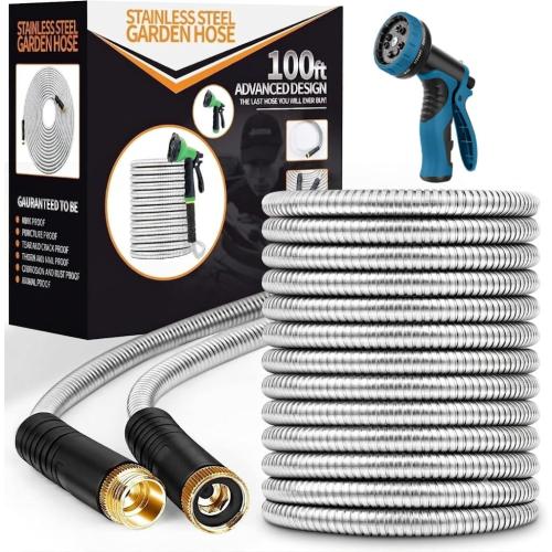 Unywarse Garden Hose 100FT Metal Water Hose with 10 Function Nozzle No-Kink | Flexible, Leak-proof, Heavy Duty, Lightweight, Pet Proof, Puncture Proof Stainless Steel Hose for Yard, Outdoor