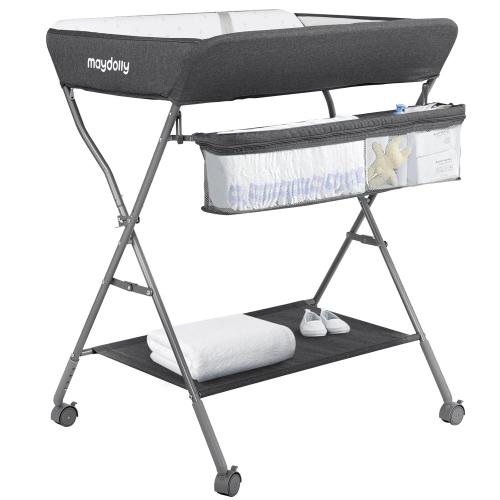 GREY Baby Changing Table with Wheels, Maydolly Portable Adjustable Height Folding Diaper Station with Nursery Organizer & Storage Rack for Newborn Baby and Infant (Dark Grey)