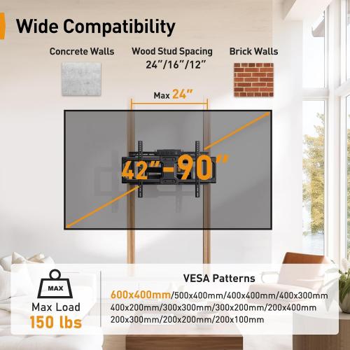 Perlegear Full Motion TV Wall Mount with Power Strip for 42–90 Inch TVs | TV Mount up to 150lbs, Pre-Assembled, USB charging, Smooth Swivel, Tilt, Extension, VESA 600x400mm, 12/16/24 Wood Studs