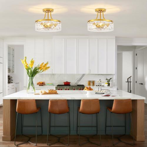Brushed Gold Semi Flush Mount Ceiling Light Hammered Glass Light Fixture