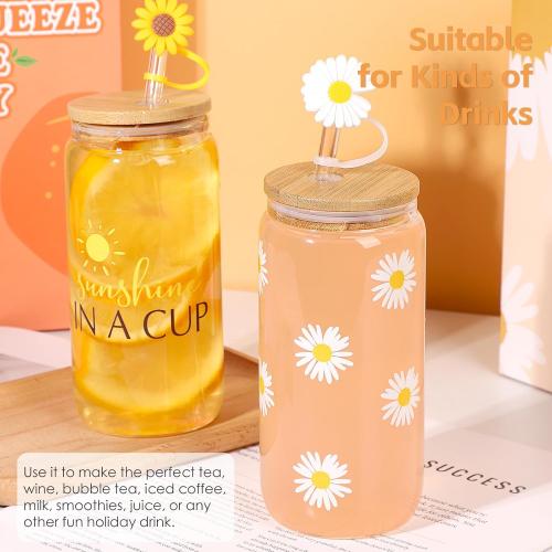 Dosuarue Daisy Aesthetic Cups, Iced Coffee Cup, 16 oz Cute Glass Cups with Lids and Straws - Flower Mug Cup, Drinking Glass Tumbler - Christmas, Birthday Gifts for Women Friend Sister Her