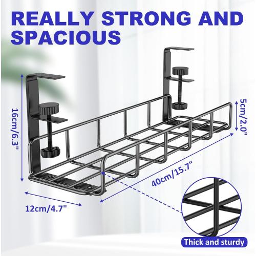 15.7” Under Desk Cable Management Tray, No Drill Steel Cable Tray Organizers, Wire Management Tray Cable Rack with Clamp Mount, Metal Under Desk Tray with Wire and Cord Organizer (Black, 1 Pack)