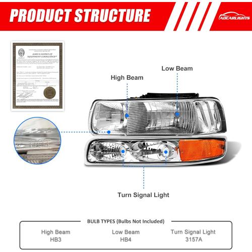 ADCARLIGHTS Headlight Assembly for 1999 2000 2001 2002 Chevy Silverado 1500 2500/1500HD 2500HD 3500/2000-2006 Tahoe/Suburban Chrome Housing Amber Reflector Pair