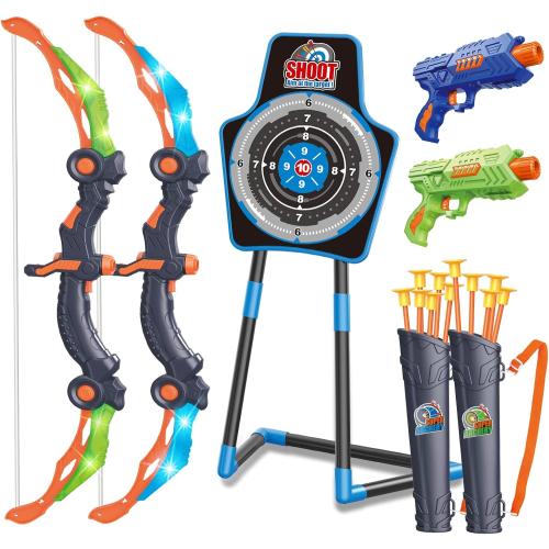 SpringFlower 2 Bow and Arrow Sets with LED Light-up,2 Foam Dart Guns for Kids 5 6 7 8 9 10  Years Old, Archery Set with Standing Target for Boys & Girl, Ideal Gift