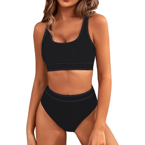 BMJL Women's Large Black High Waisted Bikini Sets Sporty Two Piece Swimsuits Color Block Cheeky High Cut Bathing Suits