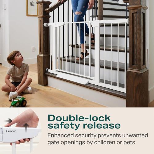 Cumbor 29.7-46 Baby Gate for Stairs, Toddler Safety Essentials for The House, Auto Close Dog Gate for Doorways, Mom's Choice Awards Winner-Easy Install Pressure Mounted Pet Gates for Dogs, White