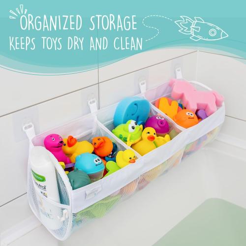 Comfylife Large Bath Toy Organizer – 3 Compartment Bath Toy Holder for Bathtub & Shower – Quick-Dry Mesh with 4 Strong Adhesive Hooks – Kids Toys Storage Net for Bathroom, shower & Tub