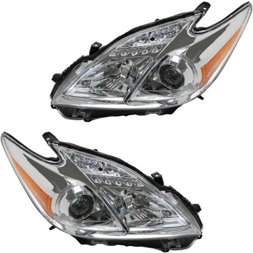 Headlight Assembly Fit for 2012-2015 Toyota Prius,Halogen Headlamp Replacement Driver Passenger Side Chrome Housing Amber Reflector Clear Lens TO2518134 TO2519134