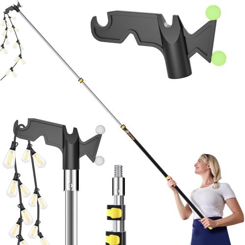 4-12 FT Christmas Light Telescopic Hanger Pole with Utility Hook, Stand Reach 30 Feet Long 3/4 inch Threaded Pole Reaching High Place for Hanging and Installation Lights String, Clothes and Birdfeeder