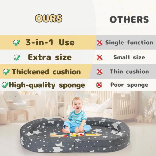 Color Grey and stars Travel Toddler Bed, 3-in-1 Portable Foldable Toddler Chair,Soft Foam Floor Bed Lounger with Washable Cover,Star