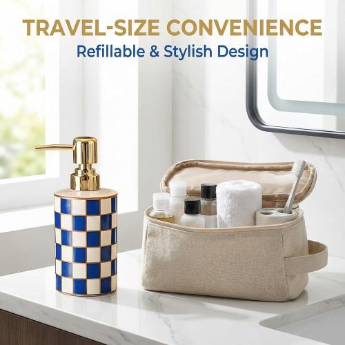 Blue and White Checkered Ceramic Soap Dispenser, Cute & Durable for Bathroom, Ideal Checkered Bathroom Decor
