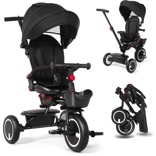Baby Tricycle, 6-in-1 Folding Tricycle with Removable Push Handle, Rotatable Seat, Adjustable Canopy, Storage Box, Safety Harness, Balance Bike, Toddler Trike for 7 Months - 5 Year Girls and Boys