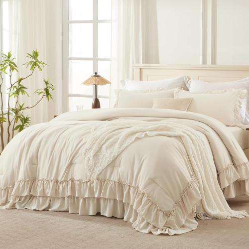 Andency Beige Full Size Comforter Set, 3 Pieces Farmhouse Shabby Chic Ruffle Comforter, Soft Lightweight Fluffy All Season Microfiber Bedding Comforter Set for Kids, Girls, Women