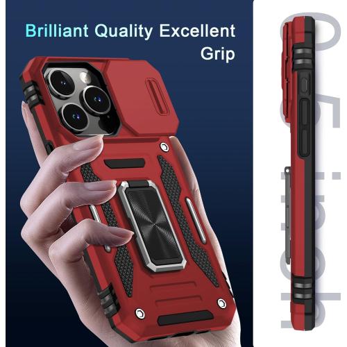 DEERLAMN Case for iPhone 15 Pro Max with Slide Camera Cover Screen Protector(1 Pack), Rotated Ring Kickstand Military Grade Shockproof Protective Cover 6.7 Inch-Red