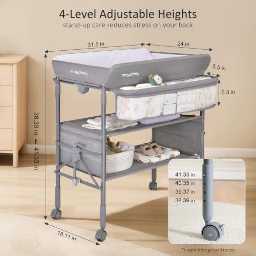 Maydolly Baby Changing Table, Maydolly Portable Foldable Changing Table, Waterproof Diaper Changing Station, Adjustable Height Changing Station, Mobile Nursery for Newborn and Infant