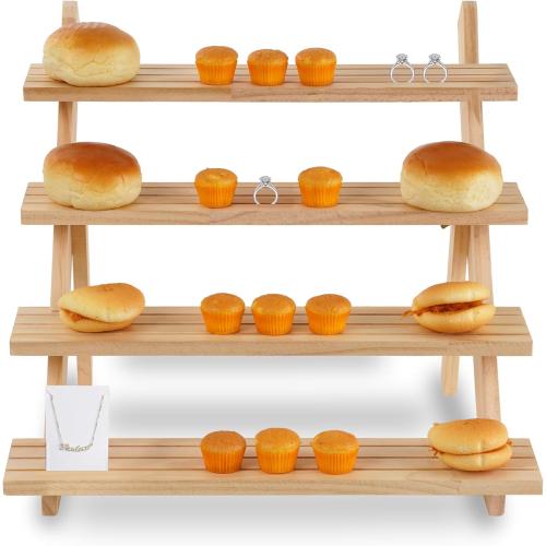 4-Tier Wooden Display Riser, Wooden Cupcake Stand Tiered Countertop Display Shelf for Retail Display, Rustic Tiered for Tabletop Shows and Home Cupcake Display Stand Using