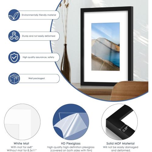 PEALSN 11x17 Picture Frame Set of 6, Display Pictures 8x12 with Mat or 11 x 17 without Mat for Wall Mounting Display, Photo Frames Collage for Wall Decor, Black.