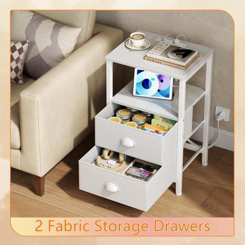 Furologee LED Night Stand with Charging Station, White Nightstand with Fabric Drawers, Bedside Table with Storage Shelf, End Table for Living Room/Bedroom/Dorm