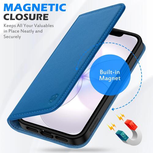 SHIELDON Real Leather Wallet Case for iPhone 17e/16e 6.1, Sapphire Blue