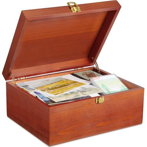 DRASTAR Large Wooden Keepsake Memory Box, Decorative Storage Box with Hinged Lid, Jewelry Gift Box with Lids, Brown