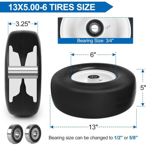 13x5.00-6 Flat Free Lawn Mower Tires and Wheels 3/4 5/8 1/2 Ball Bearings, 13x5x6 Zero Turn Mower Front Tires, Smooth Tires for Commercial Grade Lawn 3.25-5.25 Adjustable Centered Hub
