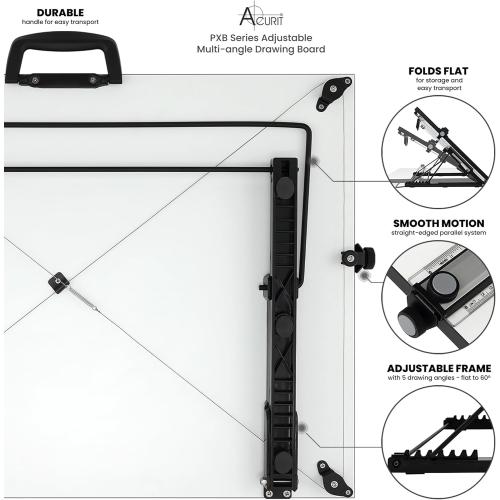 Acurit Multi-Angled 20”x26” PXB Drawing Board for Artists and Designers - Portable Tabletop Workspace, Drawing, Sketching, Drafting, Painting - Portable Laminated Surface w/Ruler & Parallel Motion Bar