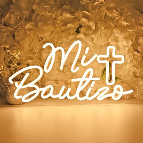 White Planzo Mi Bautizo Led Neon Sign Light Cross Baby Shower Wall Sign Decor Bedroom Kids Room Sign USB Childrens Birthday Party Backdrop Banner Gifts