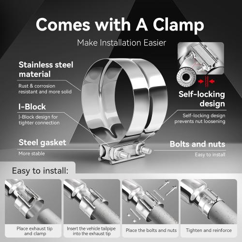 Exhaust Tip, 5 Inch Diesel Exhaust Tip Elbow Tip with a Clamp, 5'' Inlet 8'' Outlet Chrome Exhaust Tip for Pickups, Trucks and Cars