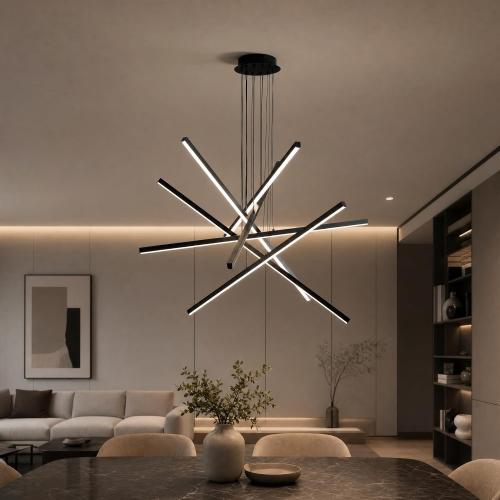 Modern Chandelier,6- Light Fixture Black Sputnik Linear Dimmable Dining Room Chandeliers 39.4in Hanging Lamp LED Dimmable Pendant Adjustable Lights Ceiling for Living Room Foyer Entryway Staircase