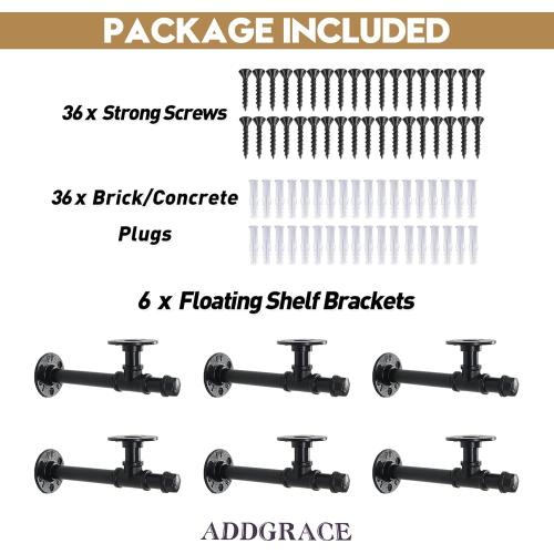 AddGrace 6 Pack Pipe Shelf Brackets 6 inches, DIY Industrial Floating Shelf Brackets Heavy Duty, Decorative Vintage Look Rustic Shelf Brackets, Wall Mounted Anti-Rust Shelf Supports
