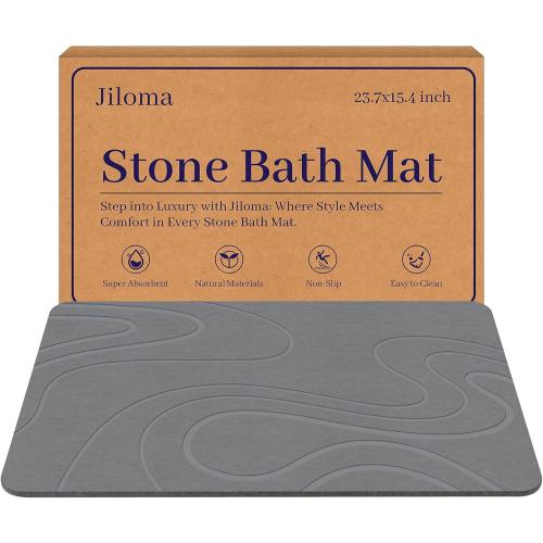 24 * 16 Grey Stone Bath Mat Diatomite Stone Mats for Bathroom Non-Slip Diatomaceous Earth Shower Mat Super Absorbent Bathroom Floor Mat Natural Easy to Clean(24 * 16 Grey)
