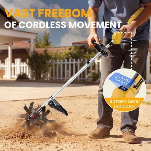 Cordless Tiller Cultivator, 21V 450RPM Electric Tiller with Battery Level Display, 2 * 4.0Ah Batteries & Charger, Tiller for Gardening, Lawn, Soil (Cultivation Width 10/ Depth 9)
