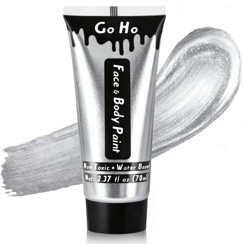 Go Ho Metallic Silver Body Paint Washable(2.37oz/pc),Water Based Cream Silver Face Body Paint,Full Professional Face Paint for Halloween Costumes Festivals Cosplay SFX Makeup