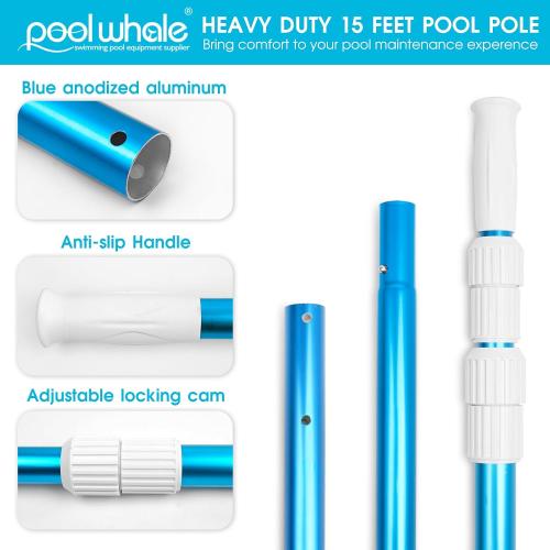 Premium 15 Foot Telescopic Swimming Pool Pole, Adjustable 3 Piece Extendable Pool Cleaning Pole, Blue Anodized Aluminum - for Skimmer Nets, Vacuum Heads and Brushes