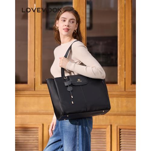 LOVEVOOK Laptop Tote Bag for Women,Nylon Work Totes with 15.6 Inch Laptop Compartments, Lightweight Computer Purse with Large Cup Holder,Travel Tote with Luggage Straps***Black