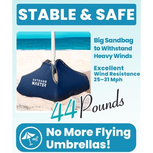 OutdoorMaster Beach Umbrellas for Sand with Sandbag & Anchor, 6.5ft Adjustable Umbrella for Beach Heavy Duty Wind, Portable UPF50  Sunshade with Carry Bag for Patio, Blue Red Striped