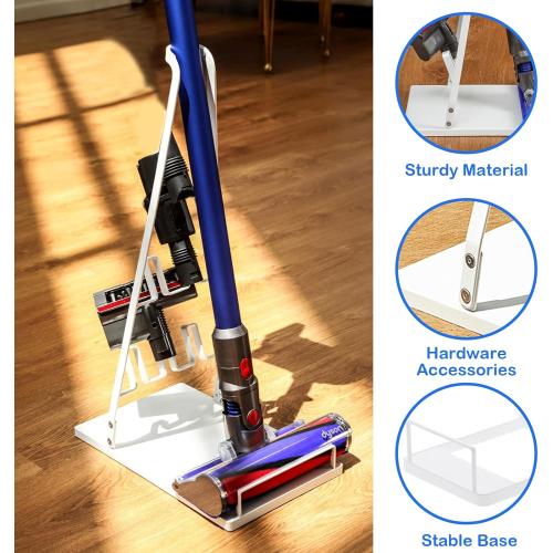 No-Drill Vacuum Cleaner Stand, Sturdy Metal Storage Rack with Large Base, Accessory Docking Station Holder, Compatible with Most Cordless Stick Vacuums, Home Organizer (White)